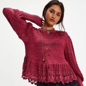 Free People Raspberry Crochet Scoop-Neck Sweater